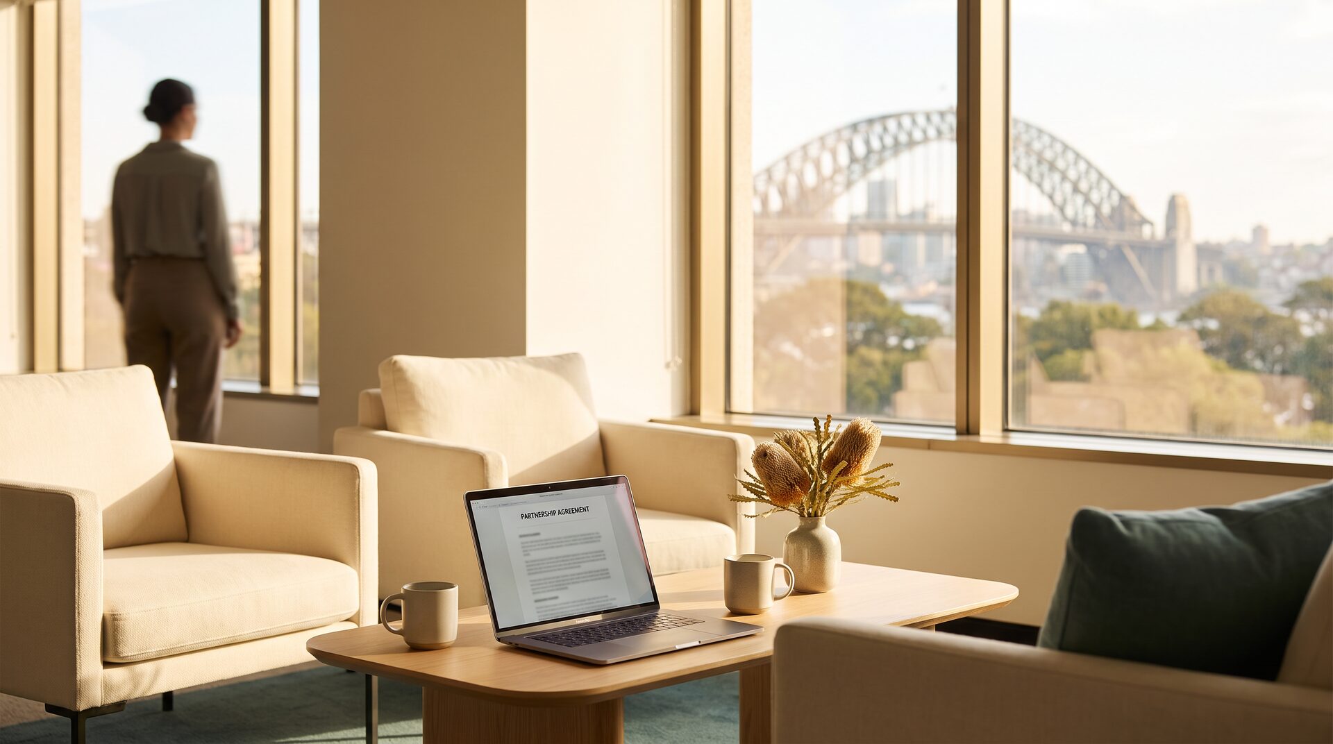 A bright modern Australian office lounge with cream armchairs, laptop showing a partnership document, native banksia and a golden-hour city view.
