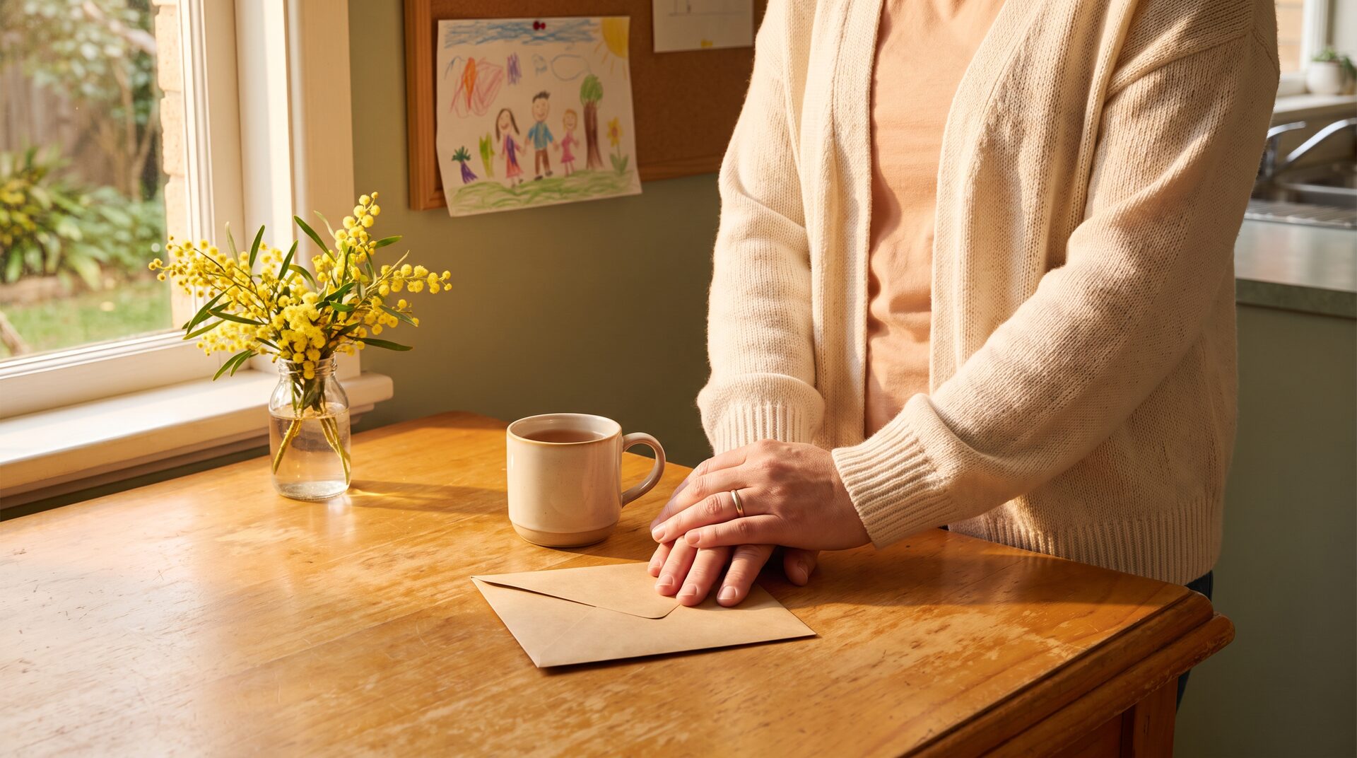 Warm sunlit Australian kitchen with a mug of tea, yellow wattle wildflowers and a child's crayon drawing — a moment of quiet relief.