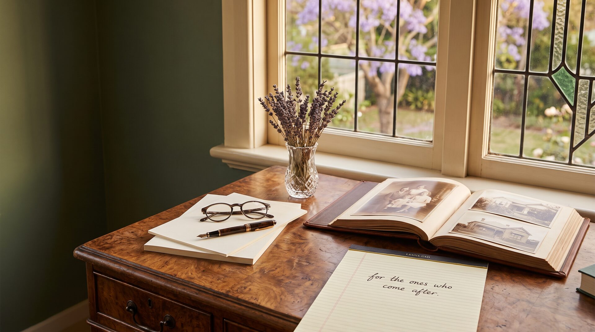 An Australian sunroom writing desk with a fountain pen, open photo album and a handwritten note reading 'for the ones who come after' — a moment of legacy reflection.