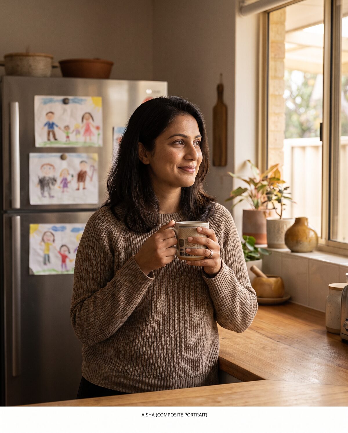 Composite portrait of Aisha — woman in her late thirties, Perth kitchen