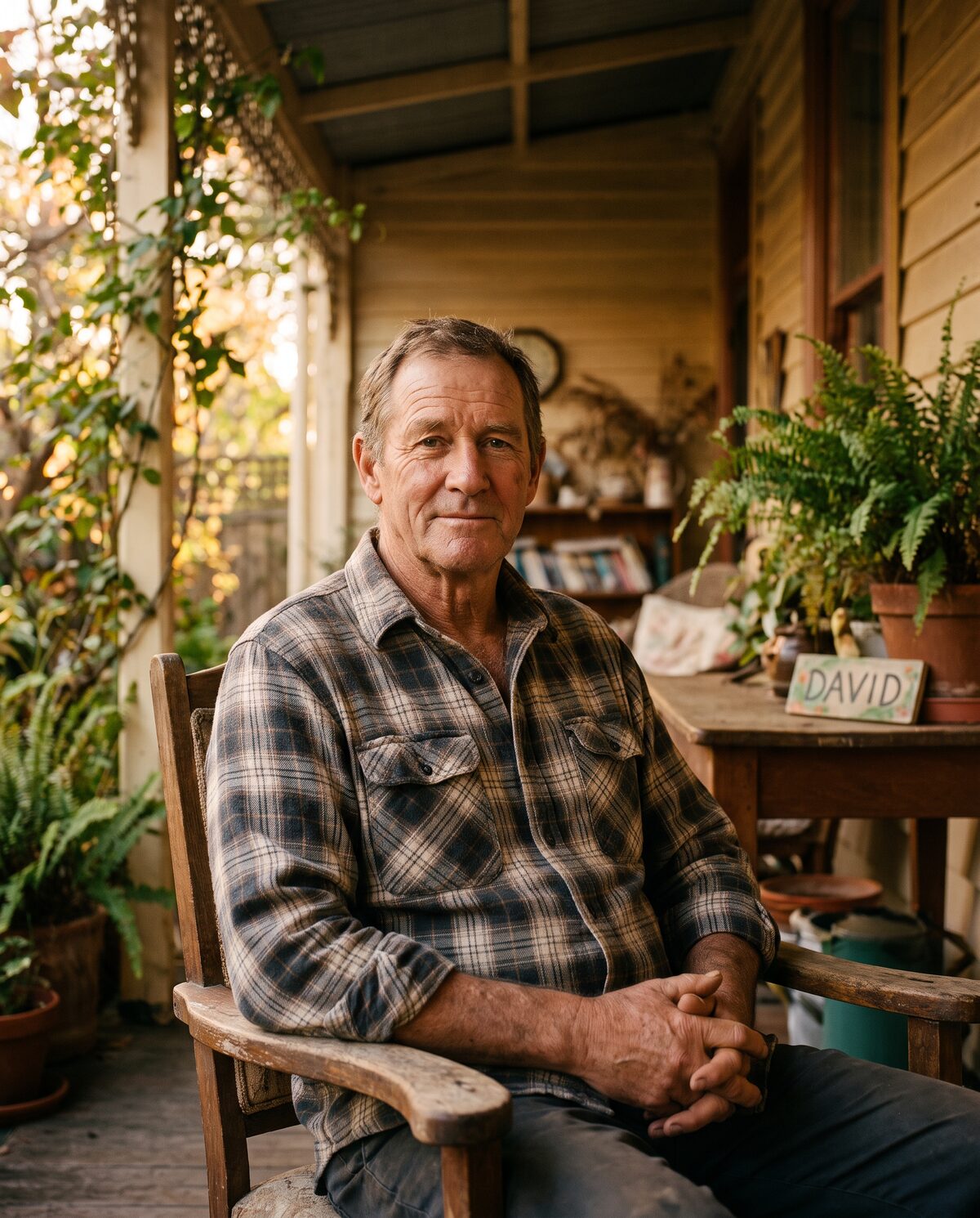 Composite portrait of David — man in his early sixties on a Victorian home verandah
