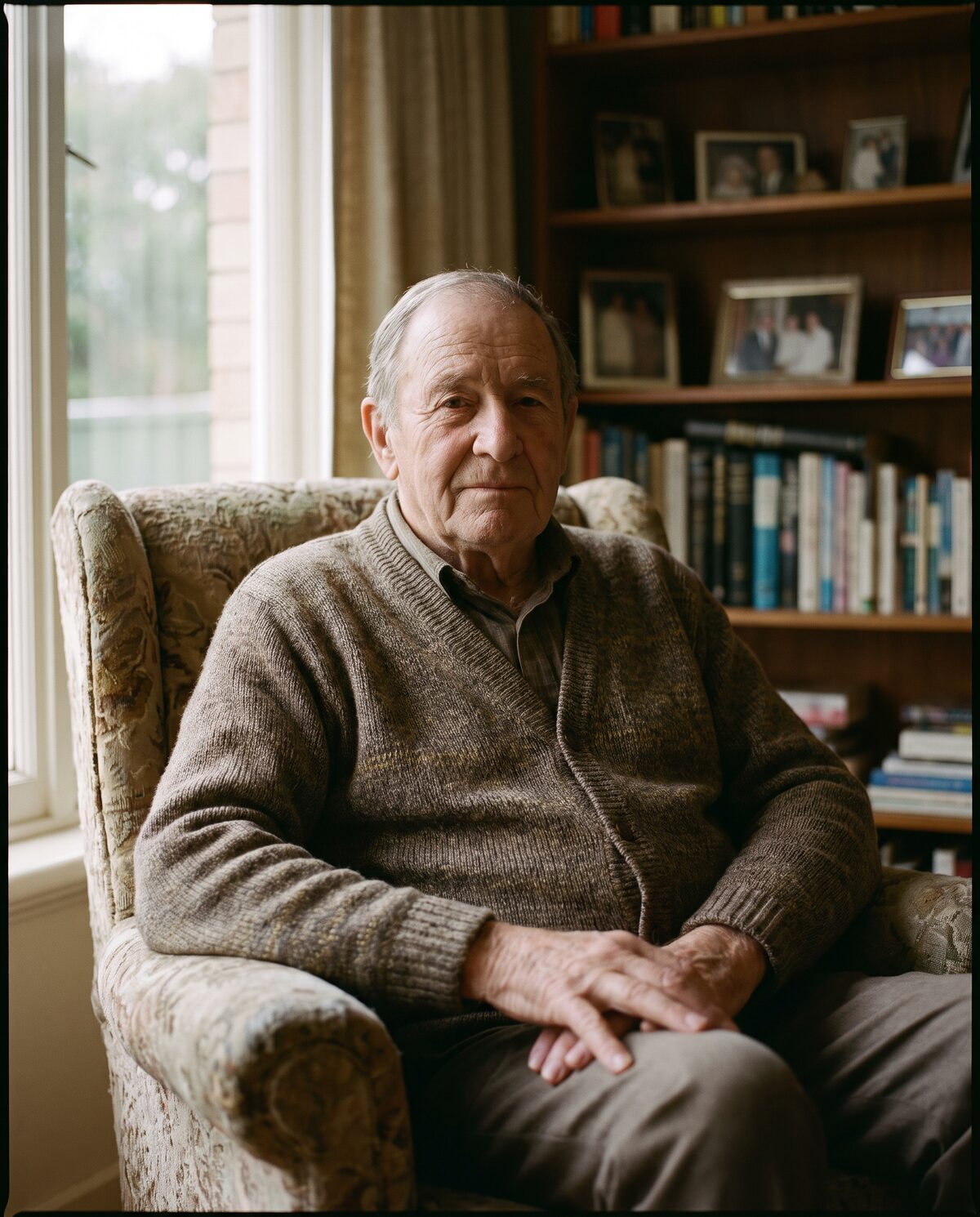 Composite portrait of James — man in his late fifties, Adelaide living room, evening light