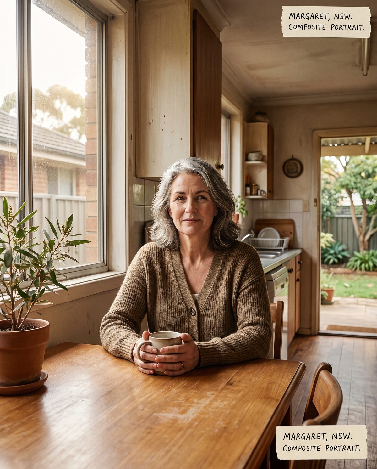 Composite portrait of Margaret — woman in her early fifties, kitchen table, NSW
