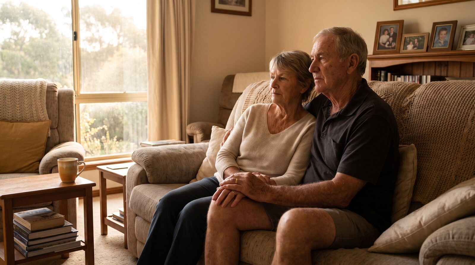 An older Australian couple sitting together on a couch in their family living room in soft afternoon light — the outcome the model works toward: quiet dignity restored.