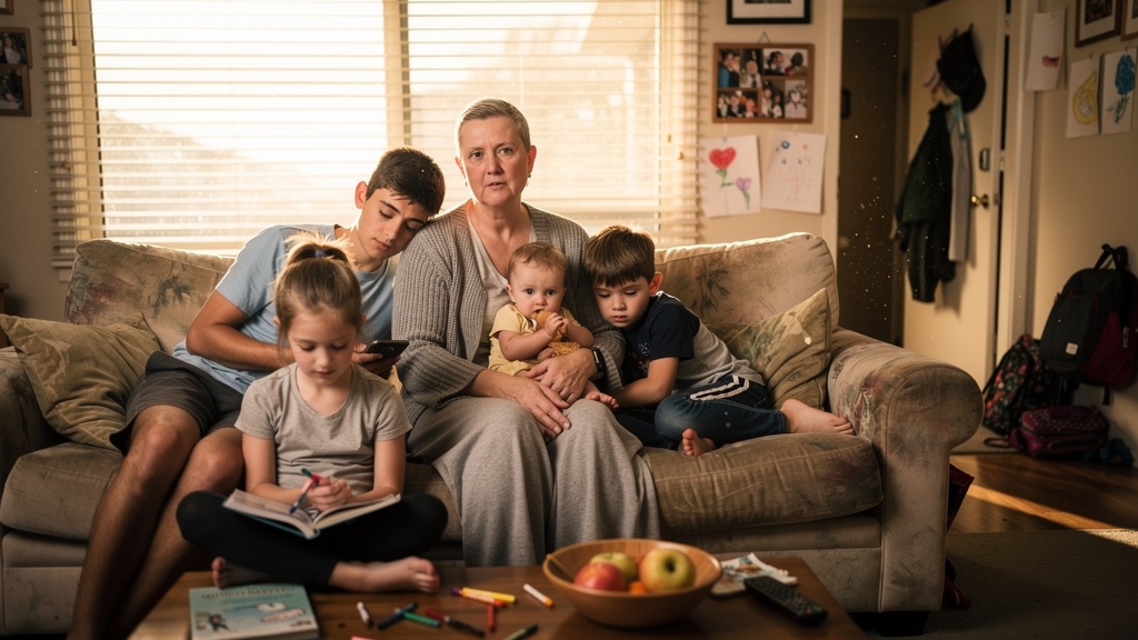 A mother with breast cancer at home with her four children